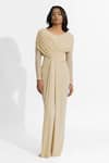 Buy_Deme by Gabriella_Beige Malai Lycra Plain Round Amelia Draped Dress _at_Aza_Fashions