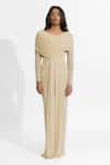 Buy_Deme by Gabriella_Beige Malai Lycra Plain Round Amelia Draped Dress _Online_at_Aza_Fashions