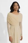 Shop_Deme by Gabriella_Beige Malai Lycra Plain Round Amelia Draped Dress _Online_at_Aza_Fashions