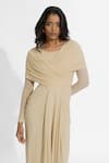 Deme by Gabriella_Beige Malai Lycra Plain Round Amelia Draped Dress _at_Aza_Fashions