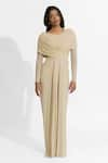 Buy_Deme by Gabriella_Beige Malai Lycra Plain Round Amelia Draped Dress 