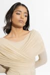 Shop_Deme by Gabriella_Beige Malai Lycra Plain Round Amelia Draped Dress 