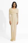 Deme by Gabriella_Beige Malai Lycra Plain Round Amelia Draped Dress _Online