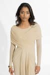 Shop_Deme by Gabriella_Beige Malai Lycra Plain Round Amelia Draped Dress _at_Aza_Fashions