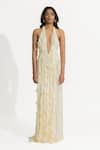 Buy_Deme by Gabriella_Off White Malai Lycra Ruffle Halter Neck Ela Dress _at_Aza_Fashions