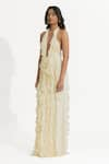 Buy_Deme by Gabriella_Off White Malai Lycra Ruffle Halter Neck Ela Dress _Online_at_Aza_Fashions