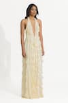 Shop_Deme by Gabriella_Off White Malai Lycra Ruffle Halter Neck Ela Dress _Online_at_Aza_Fashions