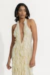 Shop_Deme by Gabriella_Off White Malai Lycra Ruffle Halter Neck Ela Dress _at_Aza_Fashions