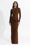 Buy_Deme by Gabriella_Brown Malai Lycra Solid Round Hena Pleated Draped Dress _at_Aza_Fashions