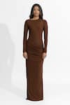 Buy_Deme by Gabriella_Brown Malai Lycra Solid Round Hena Pleated Draped Dress _Online_at_Aza_Fashions