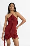 Deme by Gabriella_Maroon Malai Lycra Solid Halter Neck Larysa Ruffle Dress _at_Aza_Fashions