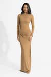 Buy_Deme by Gabriella_Beige Malai Lycra Solid Asymmetric Olga Draped Dress _at_Aza_Fashions