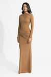 Shop_Deme by Gabriella_Beige Malai Lycra Solid Asymmetric Olga Draped Dress _at_Aza_Fashions