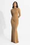 Deme by Gabriella_Beige Malai Lycra Solid Asymmetric Olga Draped Dress _at_Aza_Fashions