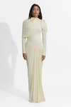 Deme by Gabriella_White Malai Lycra Solid Round Paulina Pleated Draped Dress _Online