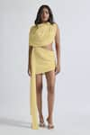 Buy_Deme by Gabriella_Yellow Malai Lycra Solid High Neck Adelina Draped Short Dress _at_Aza_Fashions