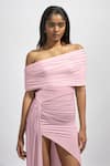 Shop_Deme by Gabriella_Pink Net Solid Off Shoulder Alda Ruched High-low Dress _Online_at_Aza_Fashions