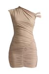 Buy_Deme by Gabriella_Beige Malai Lycra Solid Asymmetric Neck Amadea Ruched Short Dress _Online_at_Aza_Fashions