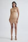 Deme by Gabriella_Beige Malai Lycra Solid Asymmetric Neck Amadea Ruched Short Dress _at_Aza_Fashions