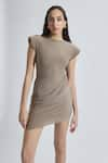 Deme by Gabriella_Brown Malai Lycra Solid Round Amy Draped Short Dress _at_Aza_Fashions