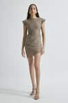 Buy_Deme by Gabriella_Brown Malai Lycra Solid Round Amy Draped Short Dress _at_Aza_Fashions