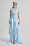 Deme by Gabriella_Blue Satin Solid Cowl Neck Azura Draped Dress _Online_at_Aza_Fashions