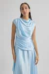 Buy_Deme by Gabriella_Blue Satin Solid Cowl Neck Azura Draped Dress 