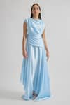 Buy_Deme by Gabriella_Blue Satin Solid Cowl Neck Azura Draped Dress _at_Aza_Fashions