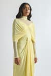 Shop_Deme by Gabriella_Yellow Malai Lycra Solid High Collar Kenny Draped Dress _at_Aza_Fashions