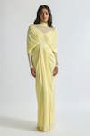 Buy_Deme by Gabriella_Yellow Malai Lycra Solid High Collar Kenny Draped Dress _at_Aza_Fashions