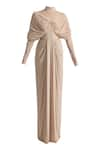 Buy_Deme by Gabriella_Beige Malai Lycra Solid High Collar Kenny Full Sleeve Draped Dress _Online_at_Aza_Fashions