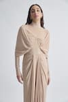 Shop_Deme by Gabriella_Beige Malai Lycra Solid High Collar Kenny Full Sleeve Draped Dress _at_Aza_Fashions