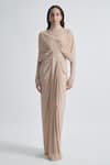 Shop_Deme by Gabriella_Beige Malai Lycra Solid High Collar Kenny Full Sleeve Draped Dress _Online_at_Aza_Fashions