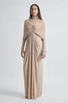 Buy_Deme by Gabriella_Beige Malai Lycra Solid High Collar Kenny Full Sleeve Draped Dress _at_Aza_Fashions