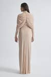 Deme by Gabriella_Beige Malai Lycra Solid High Collar Kenny Full Sleeve Draped Dress _Online_at_Aza_Fashions