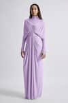 Buy_Deme by Gabriella_Purple Malai Lycra Solid High Collar Kenny Plain Full Sleeve Draped Dress _Online_at_Aza_Fashions