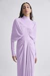 Shop_Deme by Gabriella_Purple Malai Lycra Solid High Collar Kenny Plain Full Sleeve Draped Dress _Online_at_Aza_Fashions