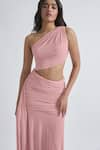 Buy_Deme by Gabriella_Pink Malai Lycra Solid One Shoulder Narcisa Plain Ruched Dress _Online_at_Aza_Fashions