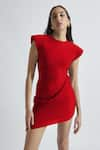 Buy_Deme by Gabriella_Red Malai Lycra Solid Round Sandrine Draped Short Dress _Online_at_Aza_Fashions