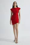 Buy_Deme by Gabriella_Red Malai Lycra Solid Round Sandrine Draped Short Dress _at_Aza_Fashions