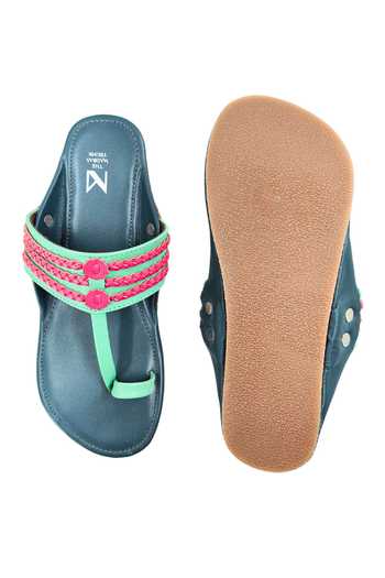 Shop_The Madras Trunk_Blue Plain Haiku Ruhi Cut-out Strap Kolhapuri Flats _at_Aza_Fashions