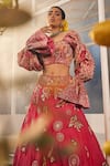 Label Deepshika Agarwal_Pink Organza Embroidered Floral Sweetheart Lehenga Set _Online_at_Aza_Fashions