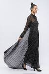 Abraham And Thakore_Black Silk, Georgette Embroidery Badla Calligraphy Script Saree_at_Aza_Fashions