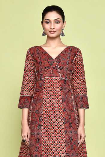 Rusty Maroon Pure Cotton Jaipuri Print Full Flair Indowestern Anarkali Dress with Sleek Embroidery Work on neck