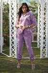 Buy_Monk & Mei_Purple 100% Linen Printed Floral Stand Collar Dahlia Kaftan Pant Set _at_Aza_Fashions