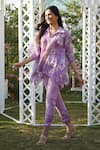 Monk & Mei_Purple 100% Linen Printed Floral Stand Collar Dahlia Kaftan Pant Set _Online_at_Aza_Fashions