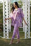 Buy_Monk & Mei_Purple 100% Linen Printed Floral Stand Collar Dahlia Kaftan Pant Set _Online_at_Aza_Fashions