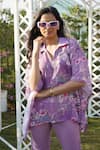 Monk & Mei_Purple 100% Linen Printed Floral Stand Collar Dahlia Kaftan Pant Set _at_Aza_Fashions