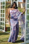 Buy_MONK & MEI BY SONIA ANAND_Blue Organza Printed Floral Sweetheart Tancy Saree With Blouse _at_Aza_Fashions