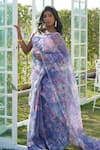 Monk & Mei_Blue Organza Printed Floral Sweetheart Tancy Saree With Blouse _Online_at_Aza_Fashions